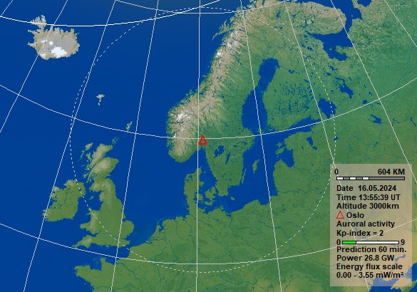 Polarlicht Vorhersage in einer Stunde für Oslo. Quelle: Norwegisches Zentrum für Weltraummeteorologie (NOSWE)