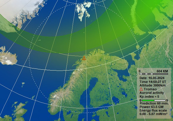 Polarlicht Vorhersage in 1 Stunde für Tromsø. Quelle: Norwegisches Zentrum für Weltraummeteorologie (NOSWE)