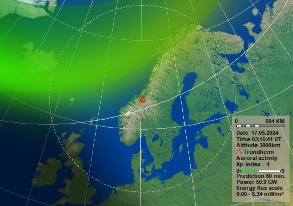 Nowcast Polarlicht Vorhersage in einer Stunde für Trondheim. Quelle: Norwegisches Zentrum für Weltraummeteorologie (NOSWE)