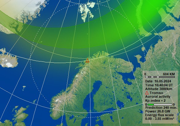 Polarlicht Vorhersage in 4 Stunden für Tromsø. Quelle: Norwegisches Zentrum für Weltraummeteorologie (NOSWE)