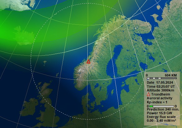 Nowcast Polarlicht Vorhersage in 4 Stunden für Trondheim. Quelle: Norwegisches Zentrum für Weltraummeteorologie (NOSWE)