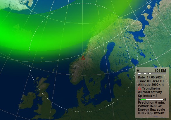 Nowcast Polarlicht Vorhersage für Trondheim. Quelle: Norwegisches Zentrum für Weltraummeteorologie (NOSWE)