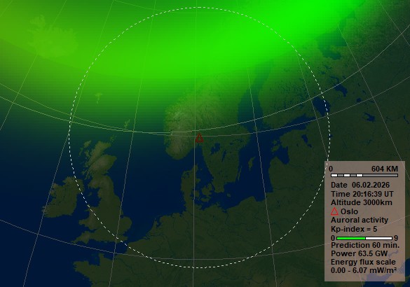 Polarlicht Vorhersage für Norwegen 10 Polarlicht Vorhersage in einer Stunde für Oslo. Quelle: Norwegisches Zentrum für Weltraummeteorologie (NOSWE)