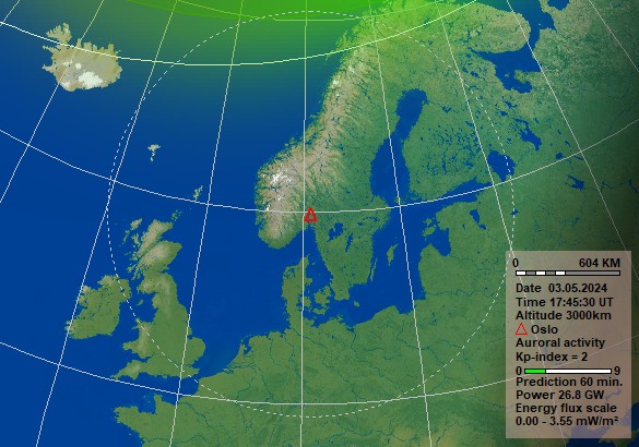 Polarlicht Vorhersage in einer Stunde für Oslo. Quelle: Norwegisches Zentrum für Weltraummeteorologie (NOSWE)