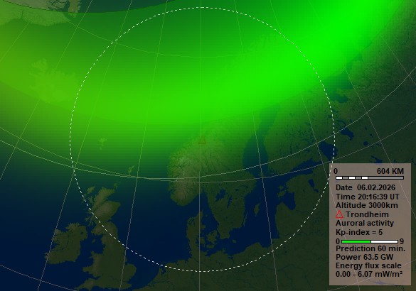 Polarlicht Vorhersage für Norwegen 13 Nowcast Polarlicht Vorhersage in einer Stunde für Trondheim. Quelle: Norwegisches Zentrum für Weltraummeteorologie (NOSWE)
