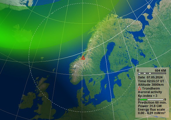 Nowcast Polarlicht Vorhersage in einer Stunde für Trondheim. Quelle: Norwegisches Zentrum für Weltraummeteorologie (NOSWE)