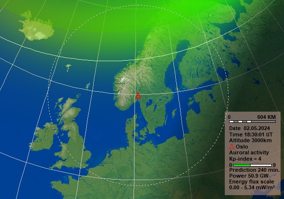 Polarlicht Vorhersage in 4 Stunde für Oslo. Quelle: Norwegisches Zentrum für Weltraummeteorologie (NOSWE)
