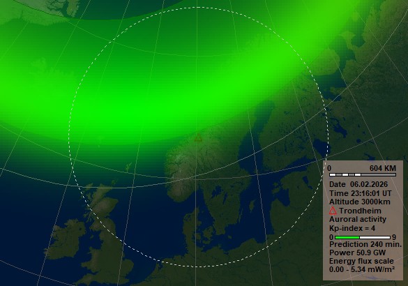 Polarlicht Vorhersage für Norwegen 14 Nowcast Polarlicht Vorhersage in 4 Stunden für Trondheim. Quelle: Norwegisches Zentrum für Weltraummeteorologie (NOSWE)