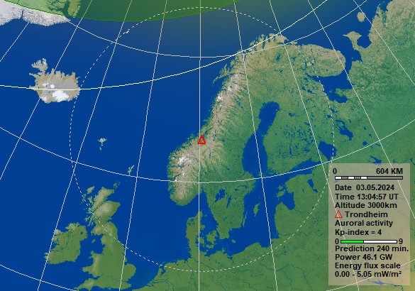 Nowcast Polarlicht Vorhersage in 4 Stunden für Trondheim. Quelle: Norwegisches Zentrum für Weltraummeteorologie (NOSWE)