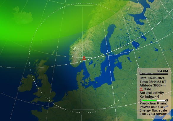 Nowcast Polarlicht Vorhersage für Oslo. Quelle: Norwegisches Zentrum für Weltraummeteorologie (NOSWE)