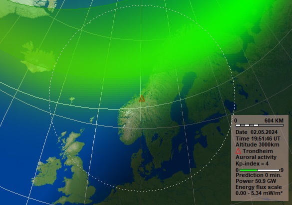 Nowcast Polarlicht Vorhersage für Trondheim. Quelle: Norwegisches Zentrum für Weltraummeteorologie (NOSWE)